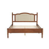 Queen Size Wooden Platform Bed with Natural Rattan Headboard