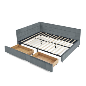 Mid-Century Storage Upholstered Tufted Bed Frame with Backrest and Armrests