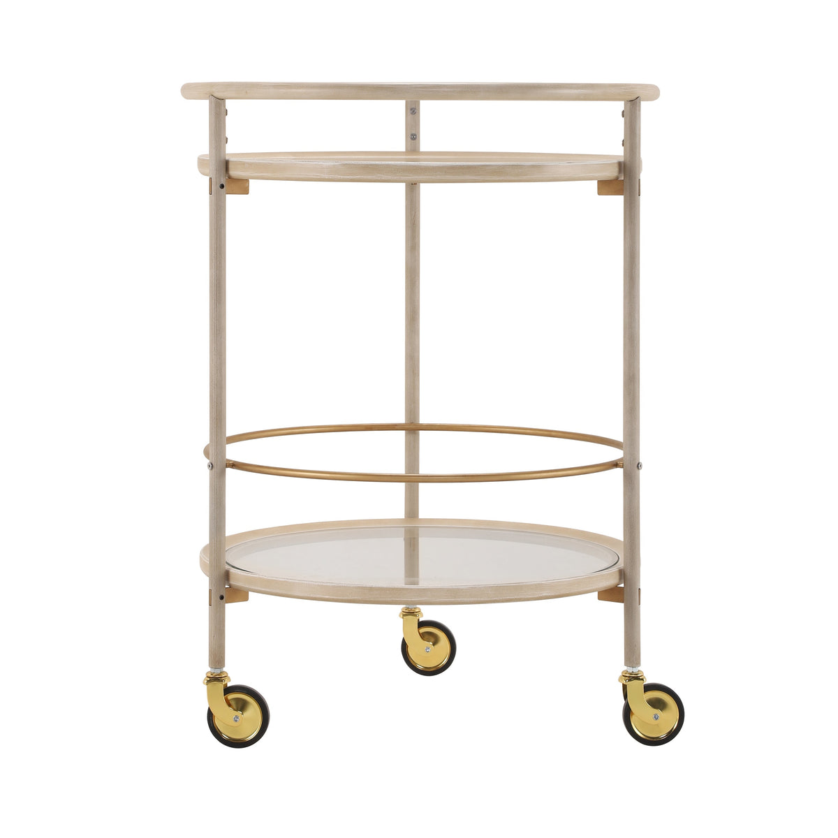 Round Bar Cart with Tempered Glass Shelves and Gold Accents