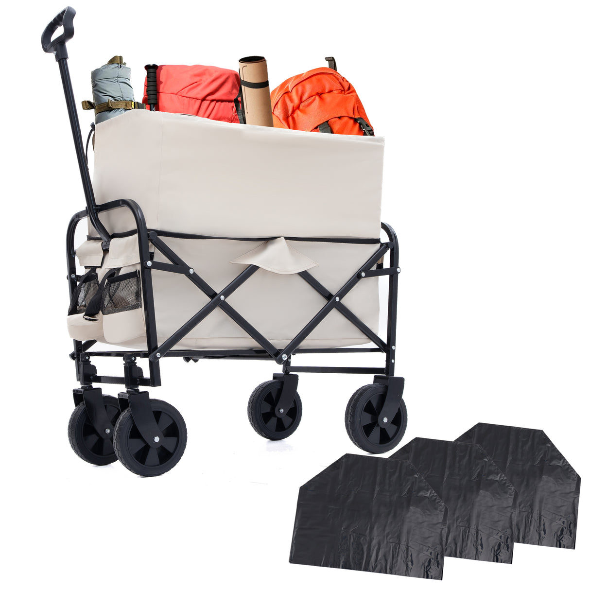 Minimeetall multi-use bag,collapsible foldable wagon cart beach wagon heavy duty utility cart utility wagon grocery cart for for camping 3pcs plastic liner bag /cover , cream