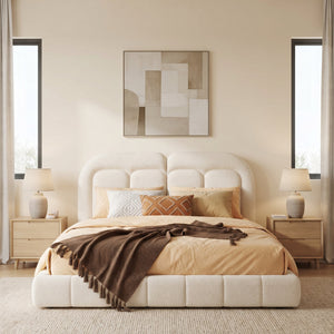 Queen Size Boucle Upholstered Platform Bed with Tufted Headboard
