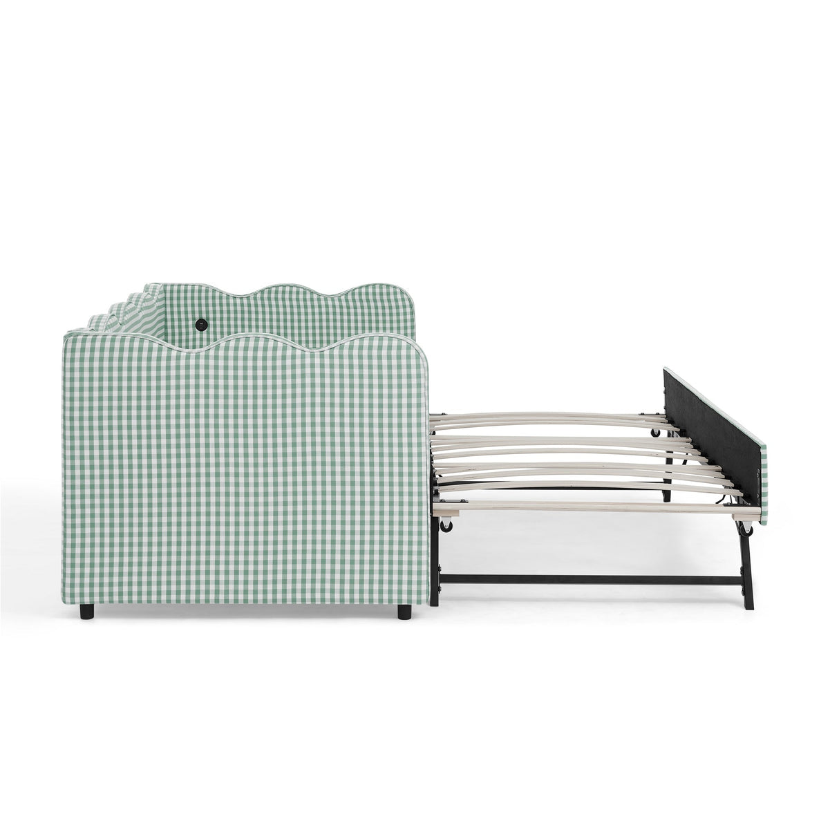 Cozy Gingham Daybed with Trundle Twin Size Sofa Bed No Box Spring Needed, with USB Port and Adorable Wave Shaped, Linen Fabric