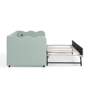 Cozy Gingham Daybed with Trundle Twin Size Sofa Bed No Box Spring Needed, with USB Port and Adorable Wave Shaped, Linen Fabric