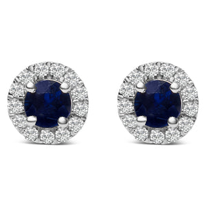10K White Gold 3.25mm x 3.25mm Round Blue Sapphire and 1/10 Cttw Diamond Halo Stud Earrings (I-J Color, I1-I2 Clarity)