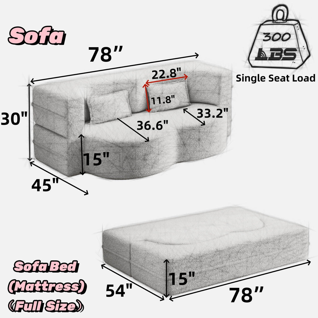 Modern Floor Sofa with 2 Pillows, Convertible Teddy Fabric Foam Filled Bed