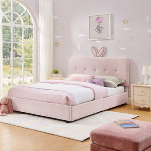 Full Size Kids Upholstered Bed with Oversized Rabbit Ear Headboard, LED Light & 4 Storage Drawers, Boucle Fabric (79.5''X55.75''X41'')