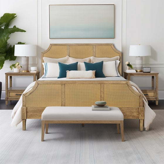 Queen Size Cane Platform Bed with Headboard and Footboard