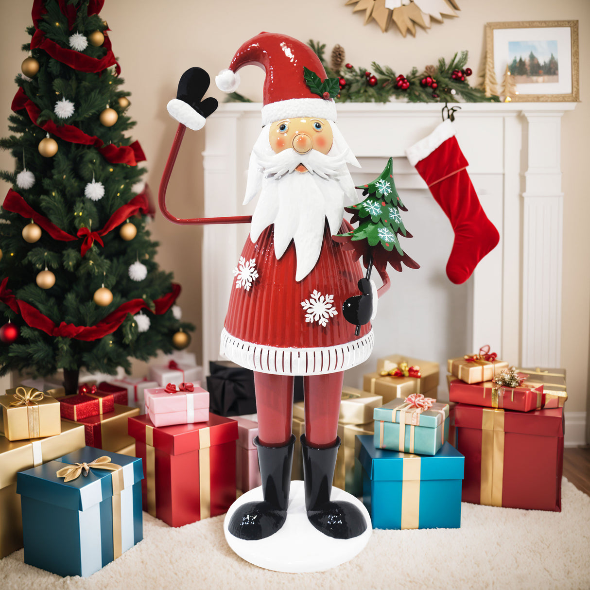 4 Ft Cheerful Santa Claus Holding Tree and Waving