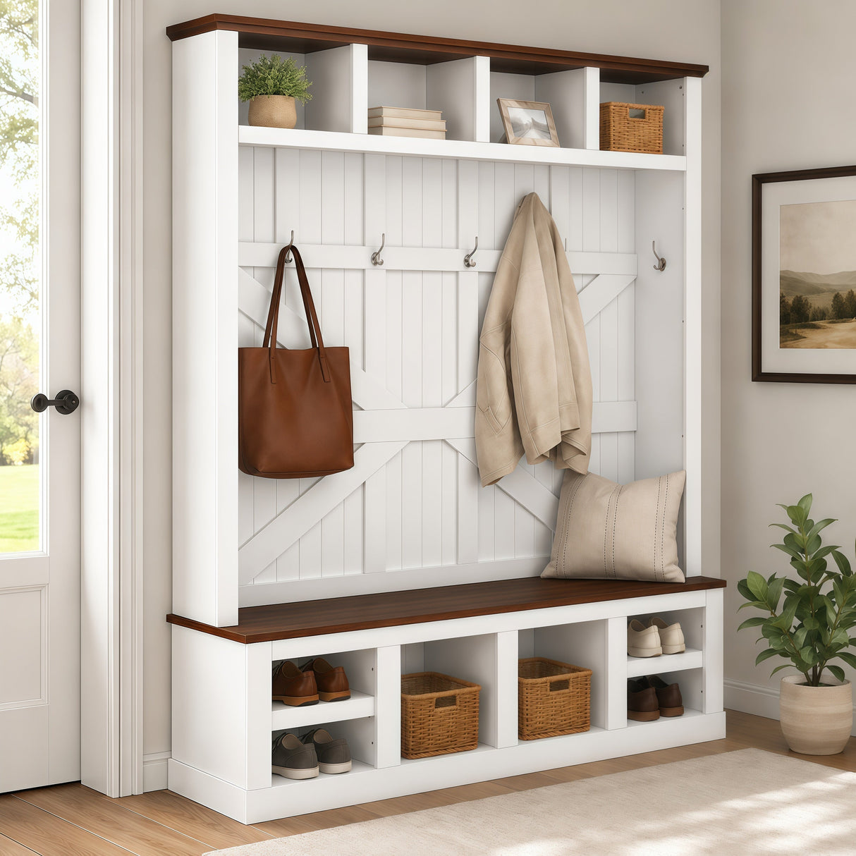 Farmhouse Hall Tree with Bench and Shoe Storage