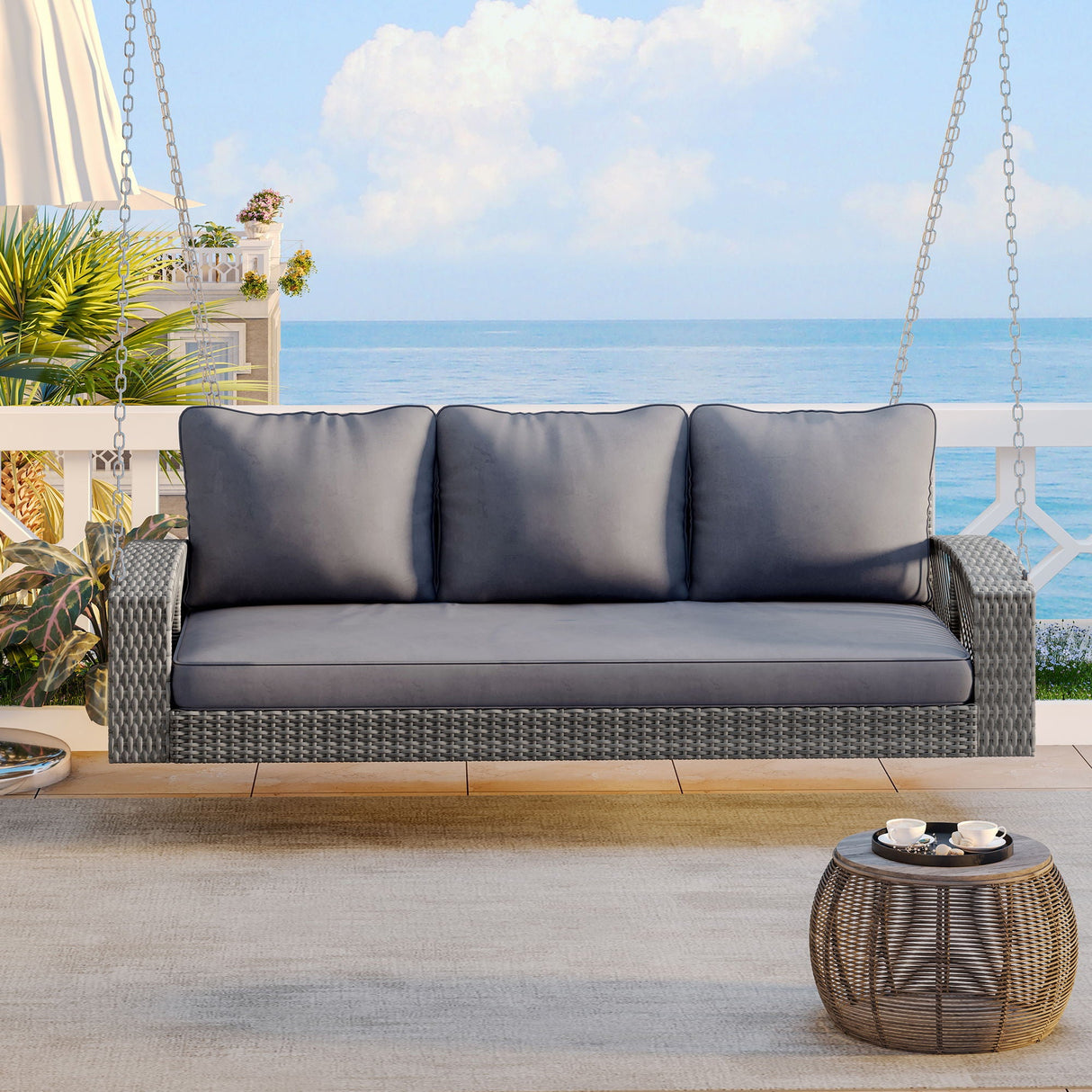 3 Person Large Patio Swing Bench With Cushions For Backyard