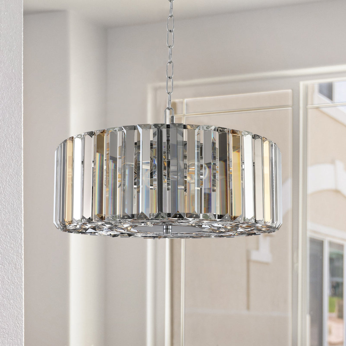 17' Chrome Crystal Pendant Chandelier, Modern Hanging Light Fixture with Adjustable Height, 4-Light E26 Base for Living Room, Dining Room, or Kitchen (No Bulbs)