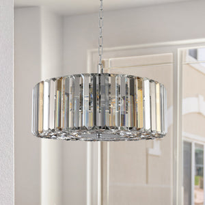 17' Chrome Crystal Pendant Chandelier, Modern Hanging Light Fixture with Adjustable Height, 4-Light E26 Base for Living Room, Dining Room, or Kitchen (No Bulbs)