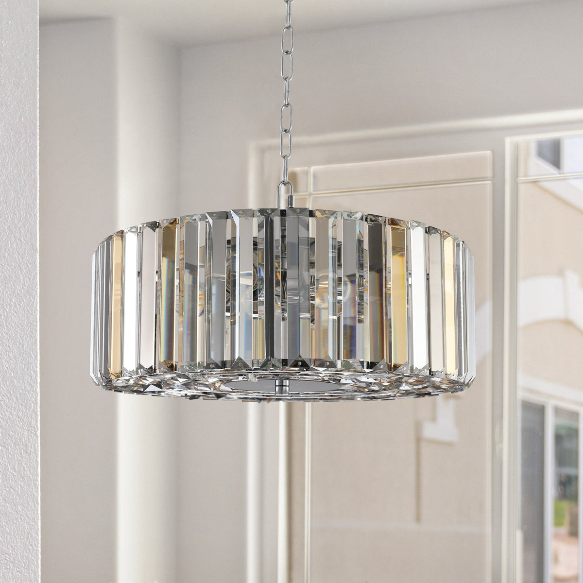 17' Chrome Crystal Pendant Chandelier, Modern Hanging Light Fixture with Adjustable Height, 4-Light E26 Base for Living Room, Dining Room, or Kitchen (No Bulbs)