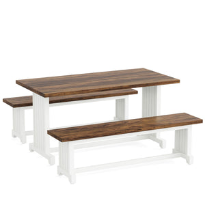 3 Piece Dining Table Set For 2 - 4, With Space Saving Benches - Brown / White