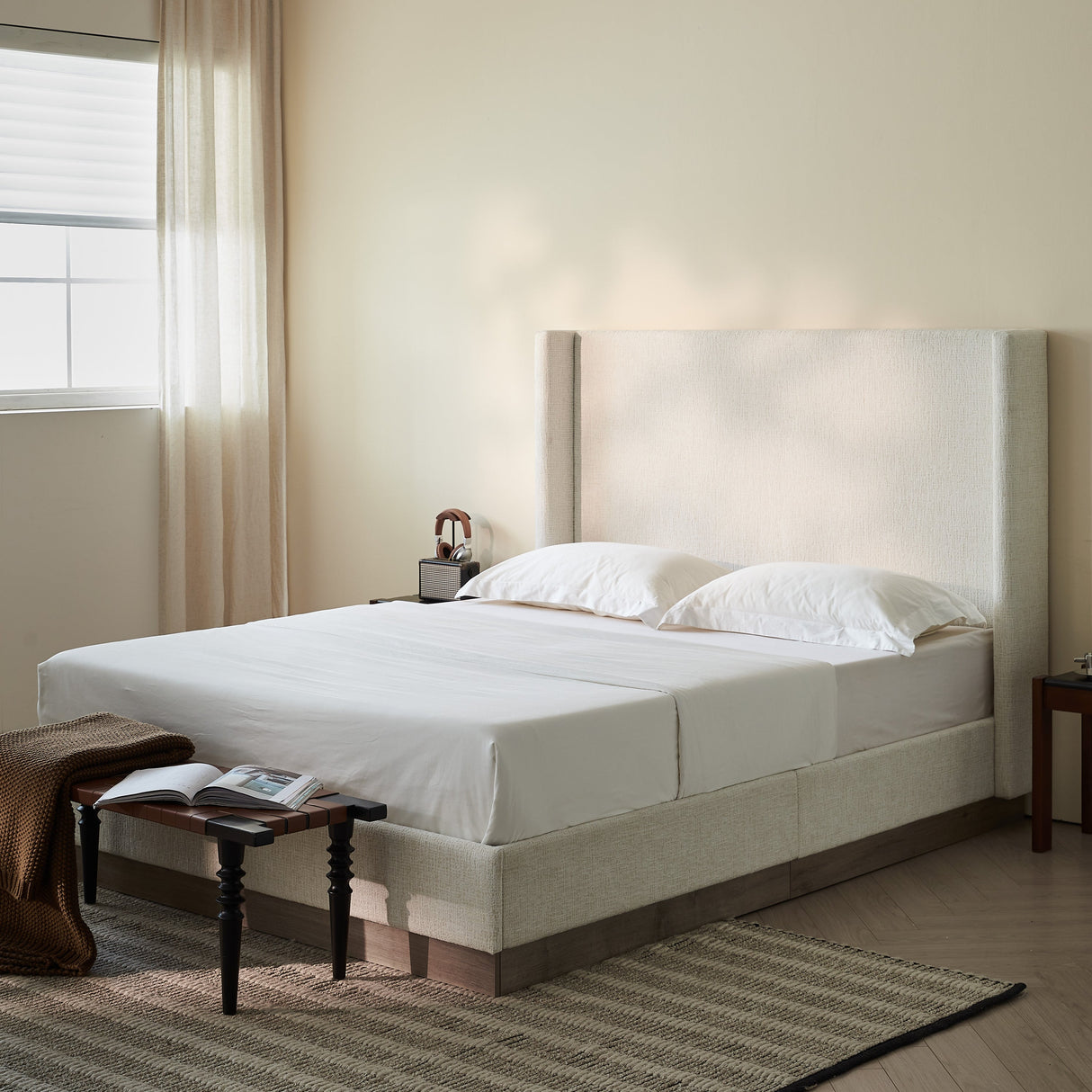 Hosford Upholstered Wingback Bed with Wood Base Platform