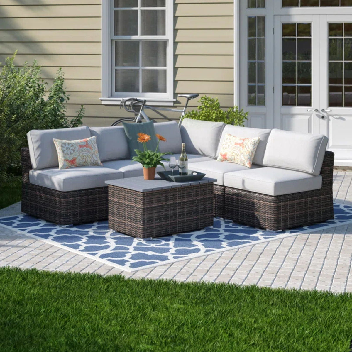 Wicker Sectional Sofa With Cushions And Table