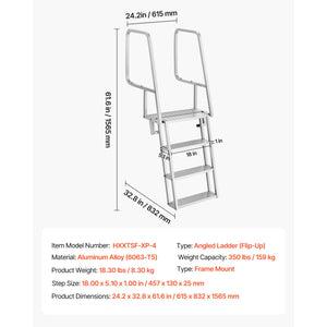 Flip-Up Dock Ladder, 4-Step, Heavy-Duty Aluminum Alloy Pontoon Boat Swim Ladder