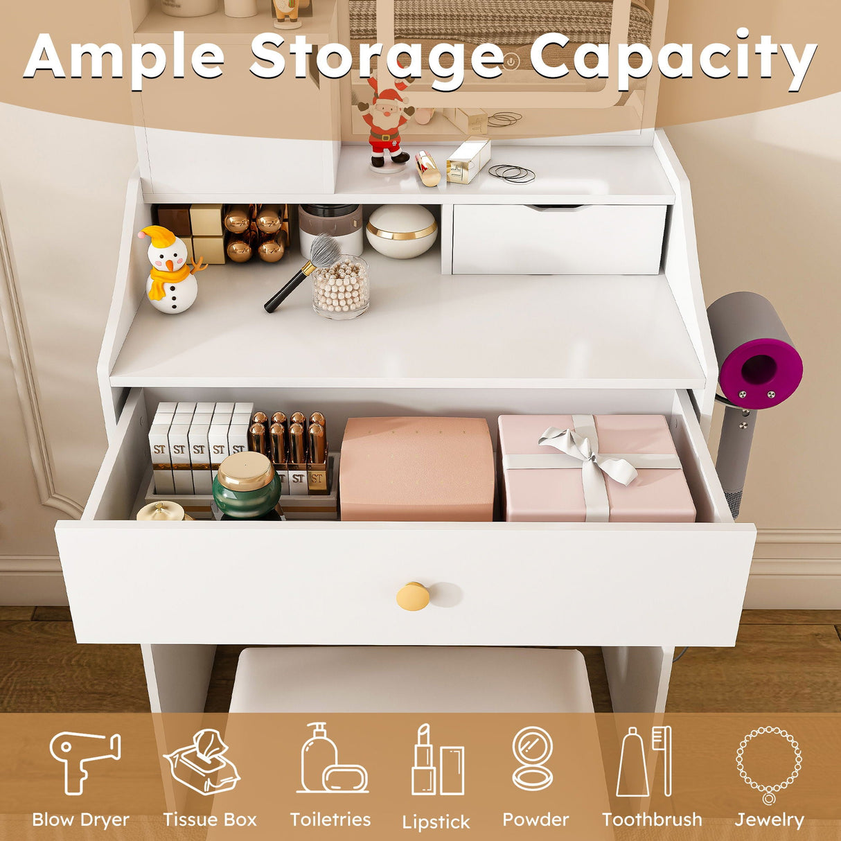 LED Vanity Mirror With Stool, 2 Drawers & 5 Storage Cabinets, Adjustable Lighting Mdf Dressing Table For Bedroom - White