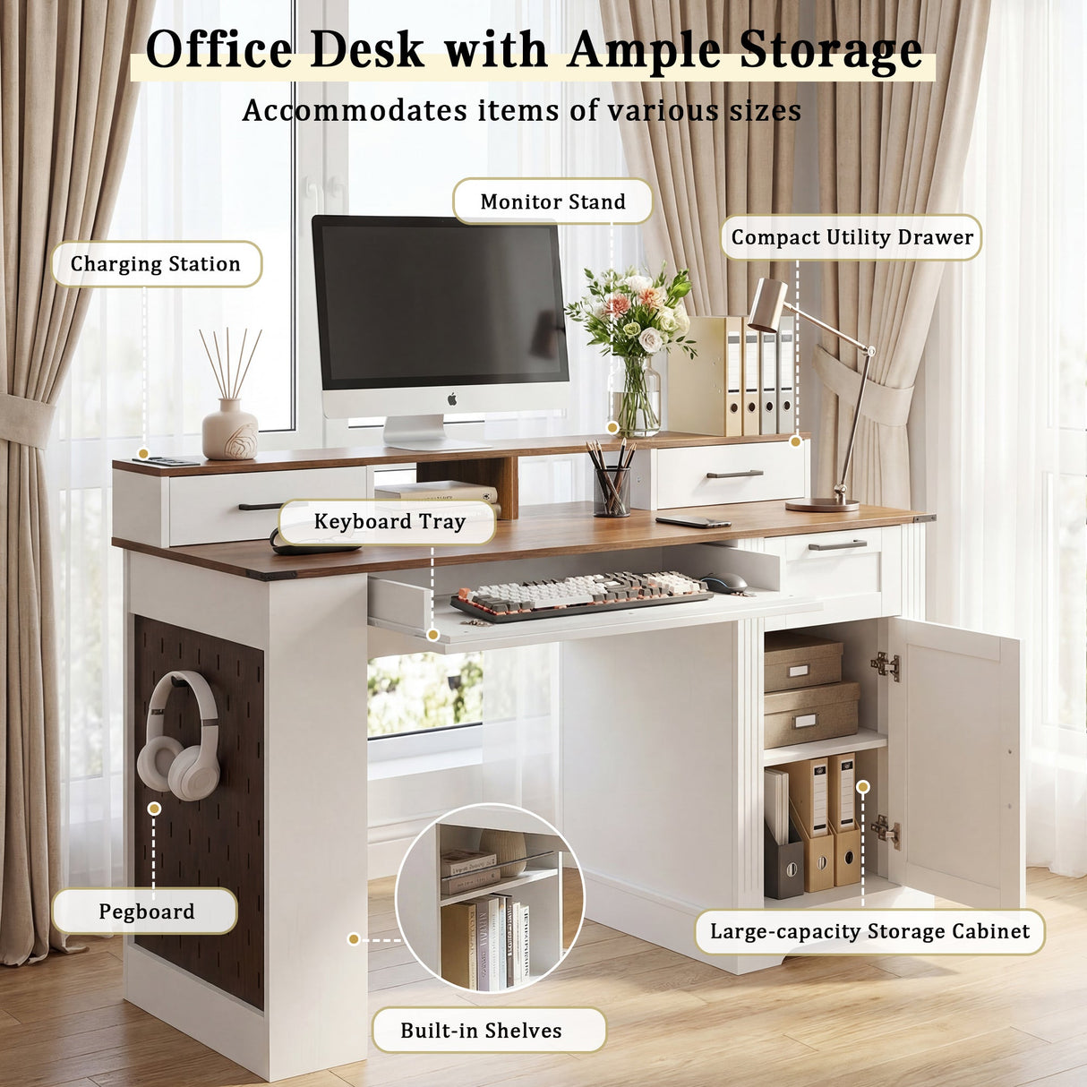 55" Farmhouse Office Desk with Storage Cabinet & Charging Station