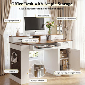 55" Farmhouse Office Desk with Storage Cabinet & Charging Station