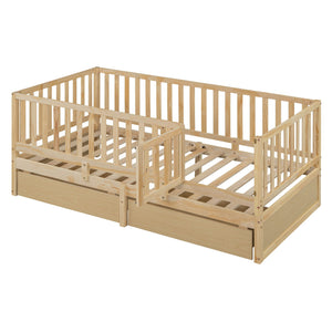 Daybed With Fence Guardrails And 2 Drawers, Split Into Independent Floor Bed & Daybed