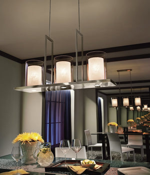 Triad 40"W 6-Light Classic Pewter Finish Clear Glass White Vetro Mica Shades Linear Chandelier by Kichler