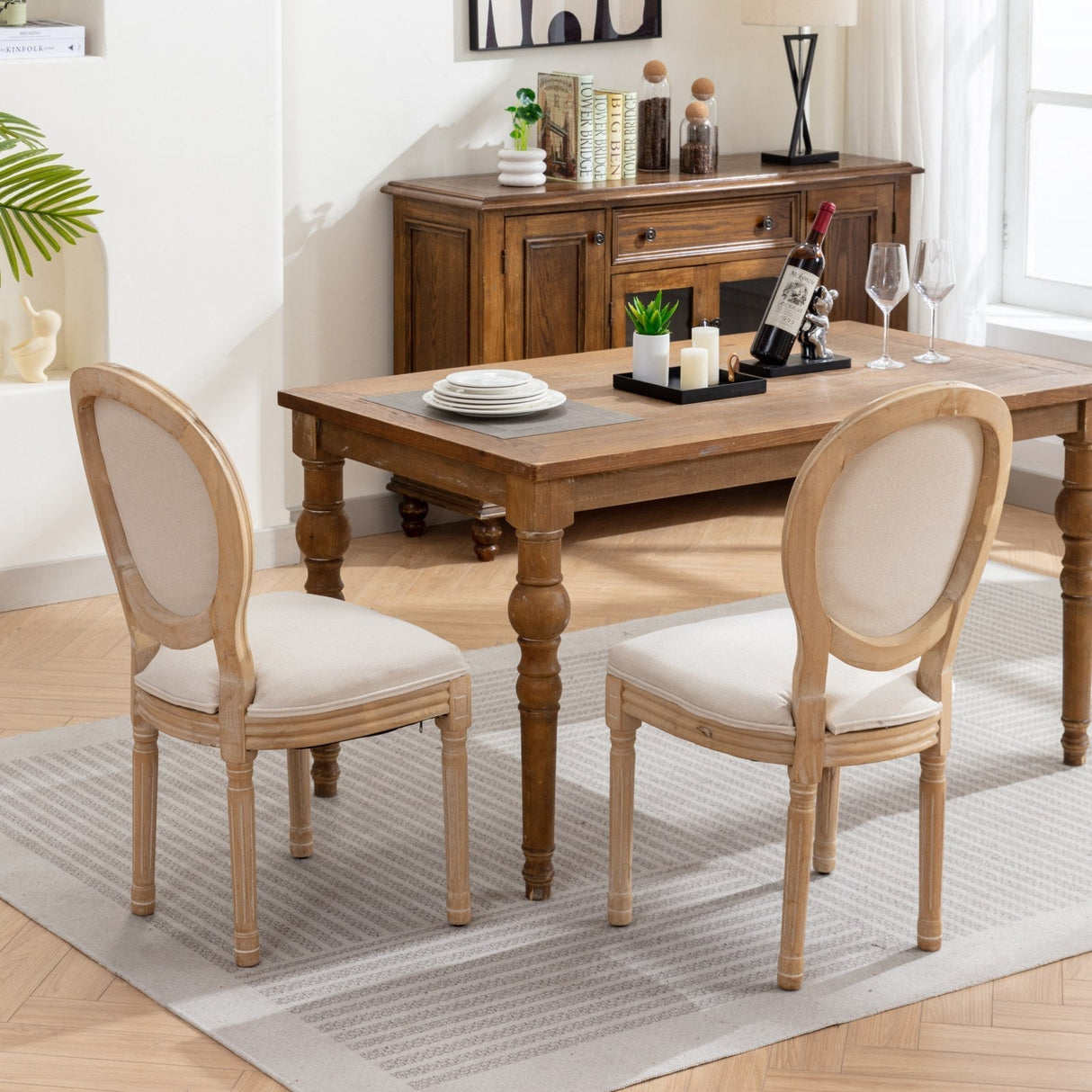 French Style Solid Wood Frame Linen Back Dining Chair Set of 2