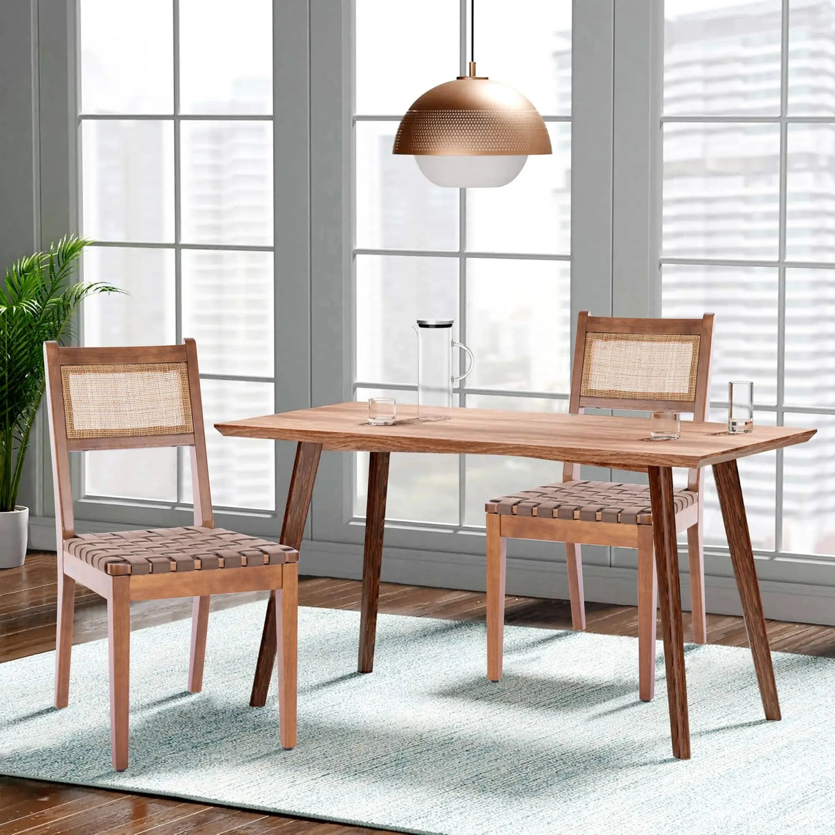 Dining Chair with Rattan Back and Wood Legs, Set of 2 - Dining Chairs