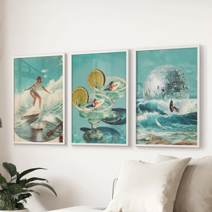 Retro Coastal Surfing Wall Art Set of 3. Surreal Blue Wave