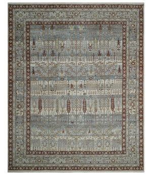 Distress Finish Tree of life Gray, Ivory, Brown and Olive Traditional Floral Hand knotted 8x10 wool Area Rug
