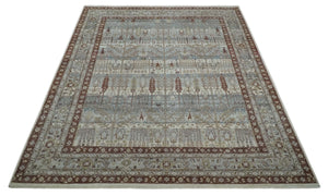 Distress Finish Tree of life Gray, Ivory, Brown and Olive Traditional Floral Hand knotted 8x10 wool Area Rug