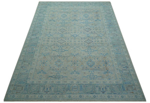 Distressed Design Silver And Beige Hand Knotted 10x14 Wool Area Rug