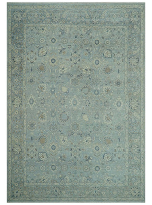 Distressed Hand Knotted Blue And Beige Traditional Design 9x13 Wool Area Rug