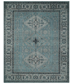 Distressed Hand Knotted Multi Size Blue, Silver and Charcoal Traditional Low Pile Wool Area Rug