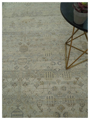 Distressed Silver And Beige Hand Knotted khotan design Custom Made wool area rug