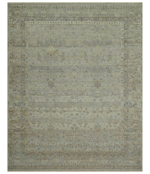 Distressed Silver And Beige Hand Knotted khotan design Custom Made wool area rug