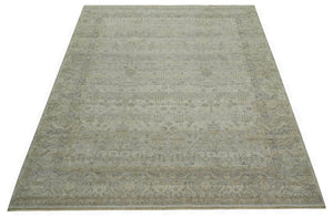 Distressed Silver And Beige Hand Knotted khotan design Custom Made wool area rug
