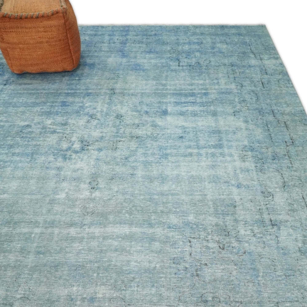 Distressed Vintage 8x11 Blue Modern Oxidized Textured Low Pile Wool Rug