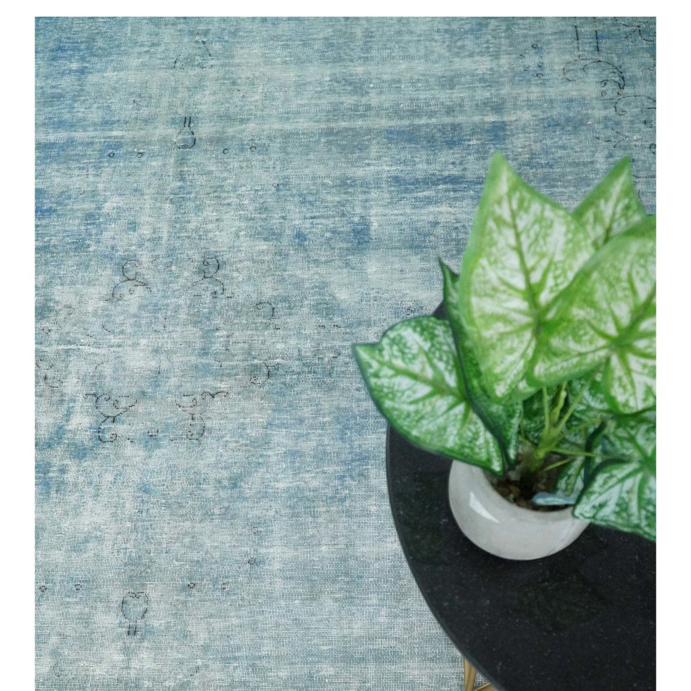 Distressed Vintage 8x11 Blue Modern Oxidized Textured Low Pile Wool Rug