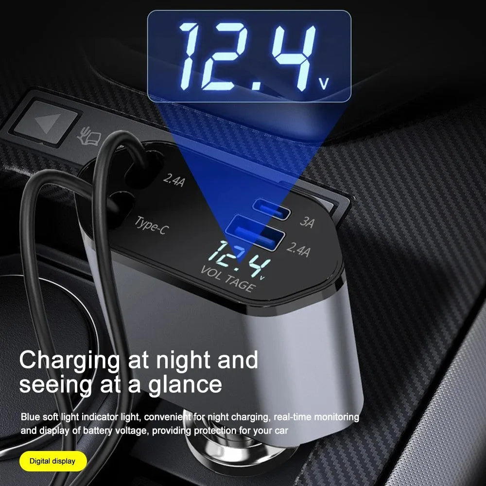 120W Car Charger Retractable Cable USB & USB-C Fast Charging Car Adapter