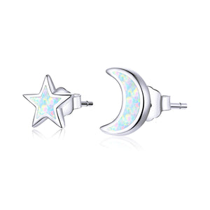 925 Sterling Silver Opal Earrings for Women - Star & Moon Design