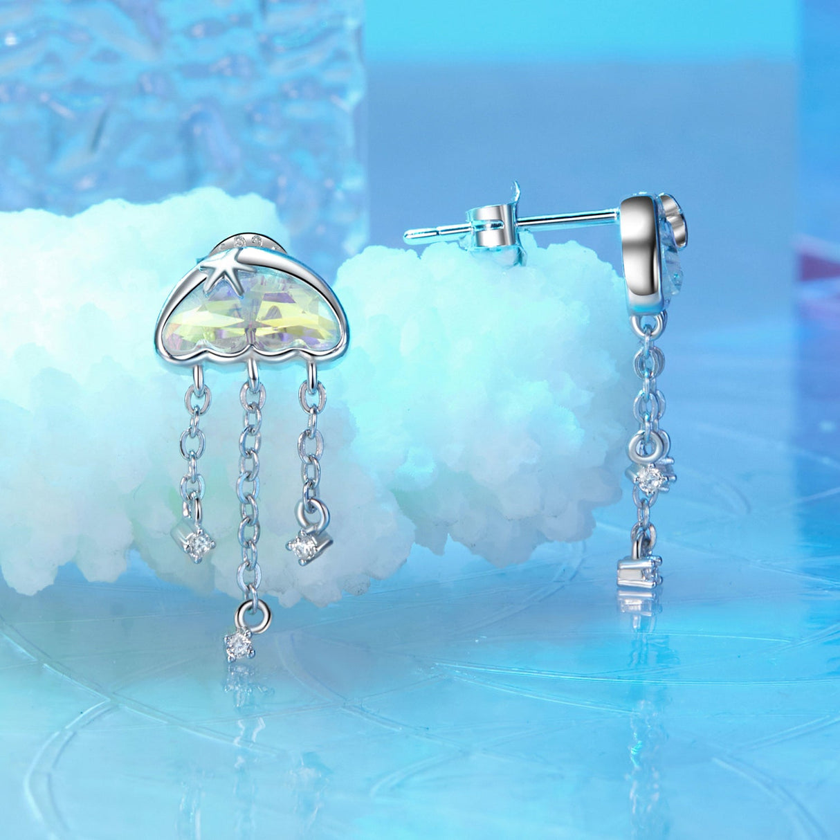 925 Sterling Silver Earrings with Pavé Setting CZ and Transparent Glass