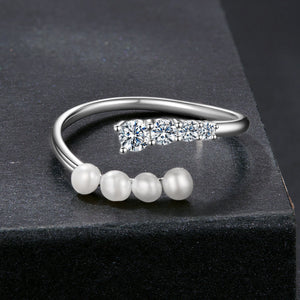 925 Sterling Silver Moissanite & Freshwater Pearl Ring, White Gold Plated, Size E for Women