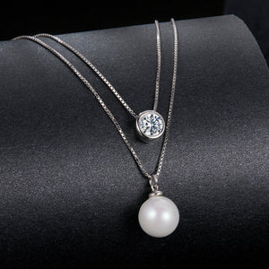 925 Sterling Silver Moissanite & Quality Shell Pearl Necklace for Women - 40+5cm, White Gold Plated