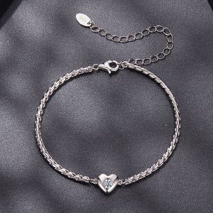 925 Sterling Silver Moissanite Heart Bracelet for Women - Silver - 15+6cm Length, 0.3cm Thickness