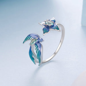 925 Sterling Silver White Gold Plated Enamel Transparent Glass 1.2cm Bird Ring for Women