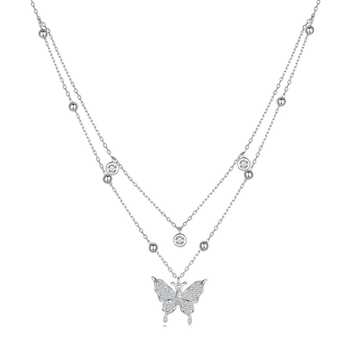 925 Sterling Silver Butterfly Necklace with Pavé Setting CZ, 40cm Length for Women
