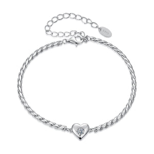 925 Sterling Silver Moissanite Heart Bracelet for Women - Silver - 15+6cm Length, 0.3cm Thickness