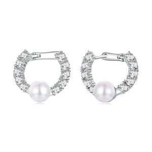 925 Sterling Silver White Gold Plated 1.6cm Hoop Earrings with Synthetic Pearl for Women