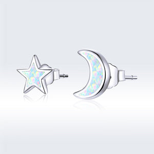 925 Sterling Silver Opal Earrings for Women - Star & Moon Design